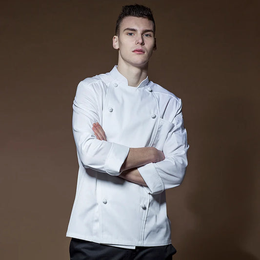 High quality long sleeve white double breasted chef jacket - ChefLooks